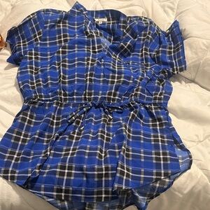 MPH Collection Blue Plaid Short Sleeve Blouse